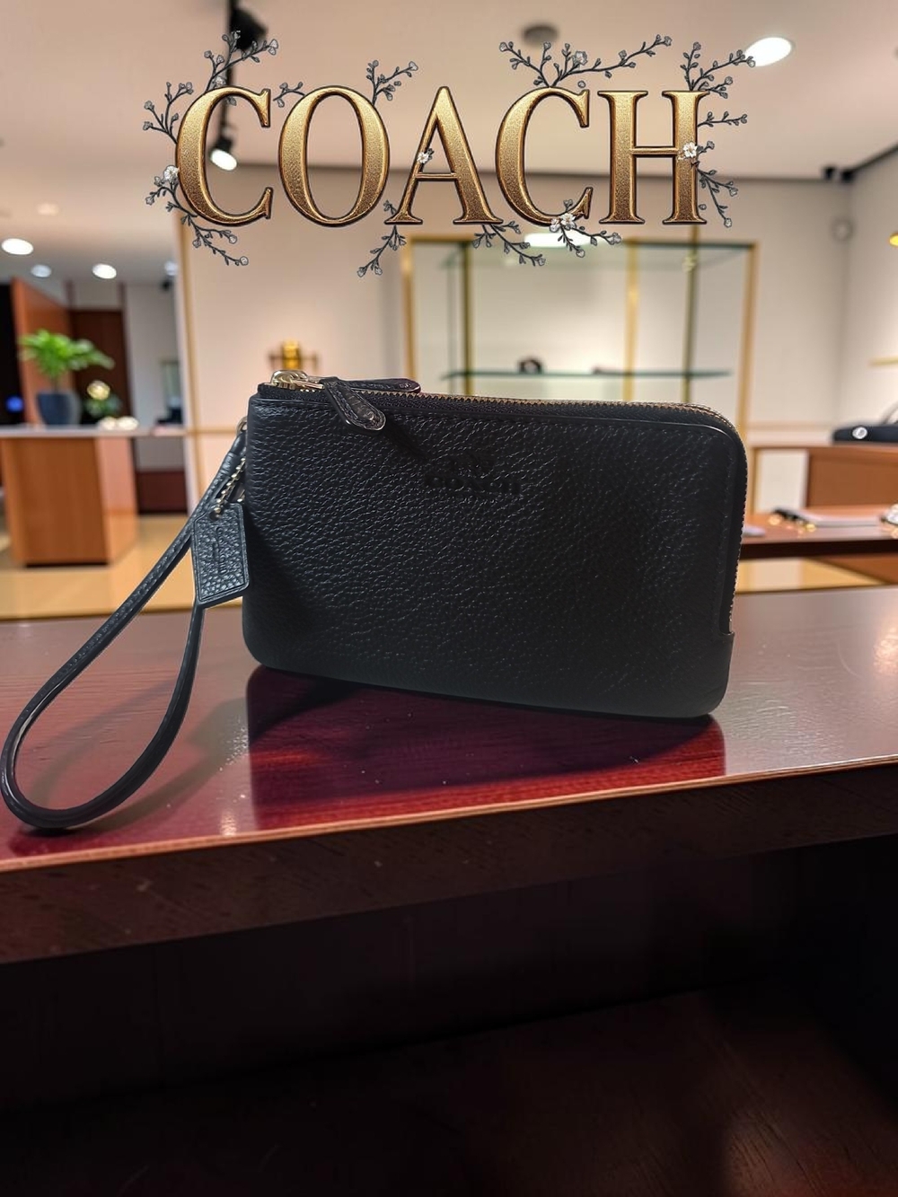 COACH Pebbled Leather Black Double Corner Zip Wristlet 2016